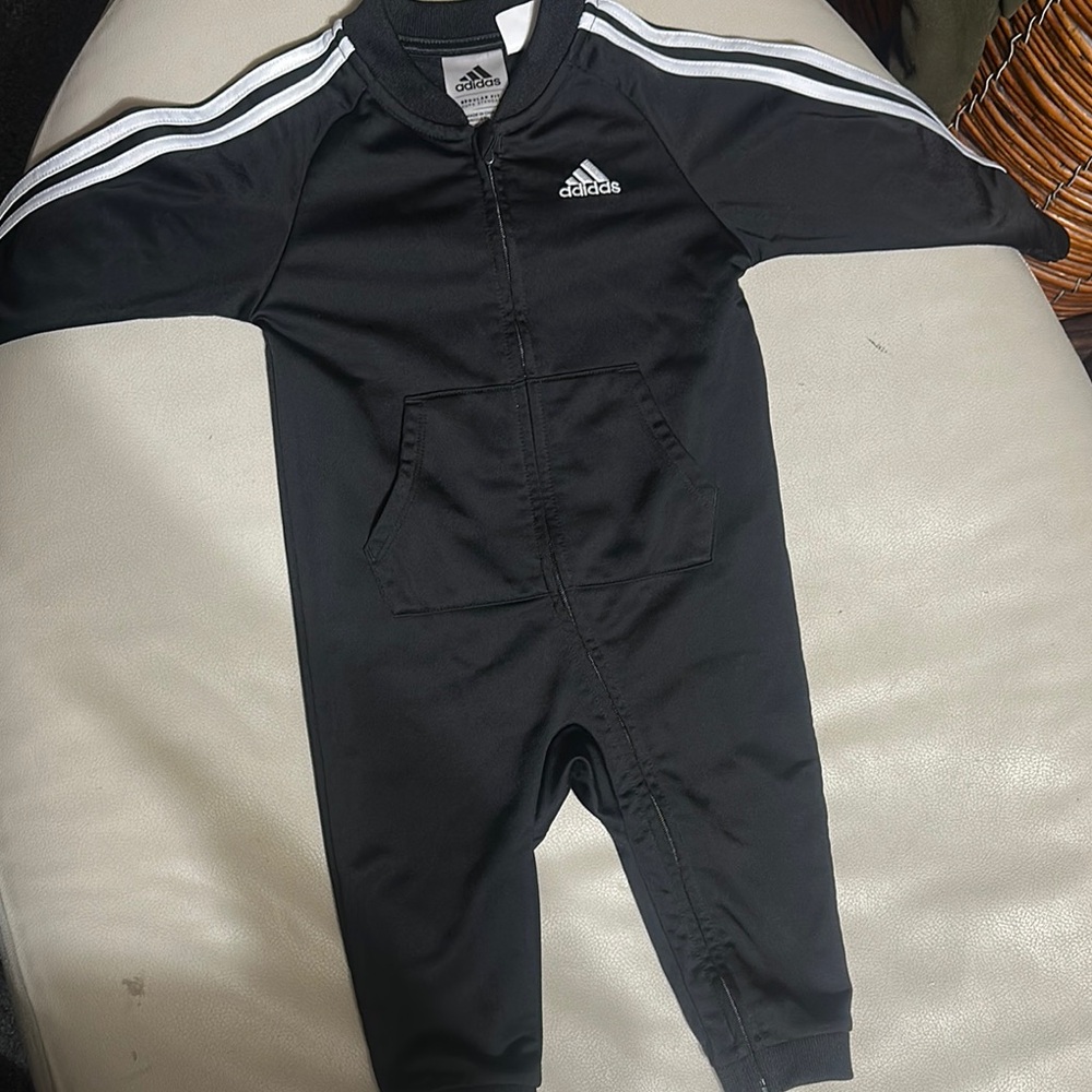 Adidas Black and White Footies One Piece with Iconic Stripes 12M
